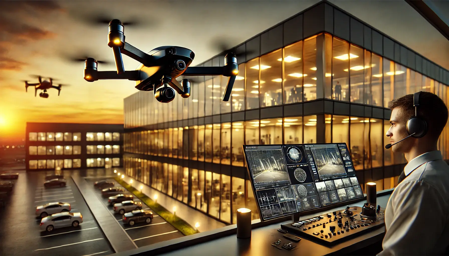 Black and gold drone monitoring a corporate campus at sunset with visible cameras and sensors, showcasing advanced corporate campus drone security.