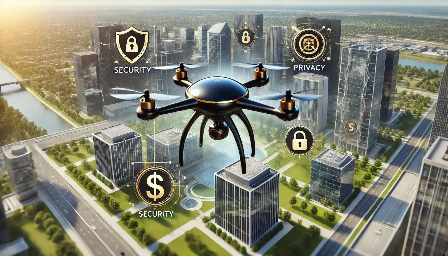 Black and gold drone hovering over a corporate campus, surrounded by icons of shields and privacy locks, symbolizing drone security myths debunked.