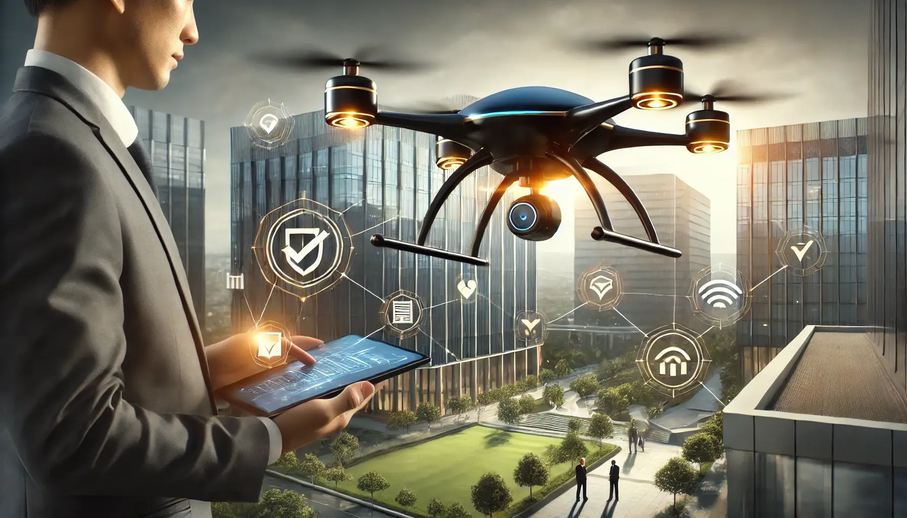 Black and gold drone hovering over a modern corporate campus, symbolizing advanced technology and security in choosing a drone security provider.