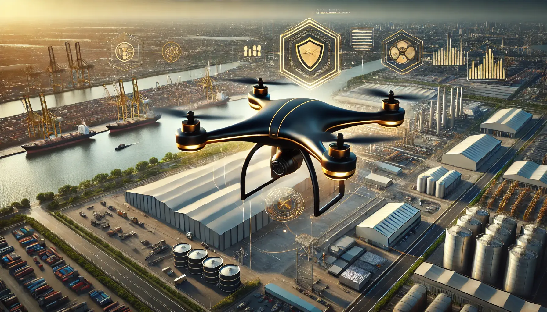 Black and gold drone hovering over an industrial facility, symbolizing advanced warehouse drone surveillance and logistics hub security solutions.