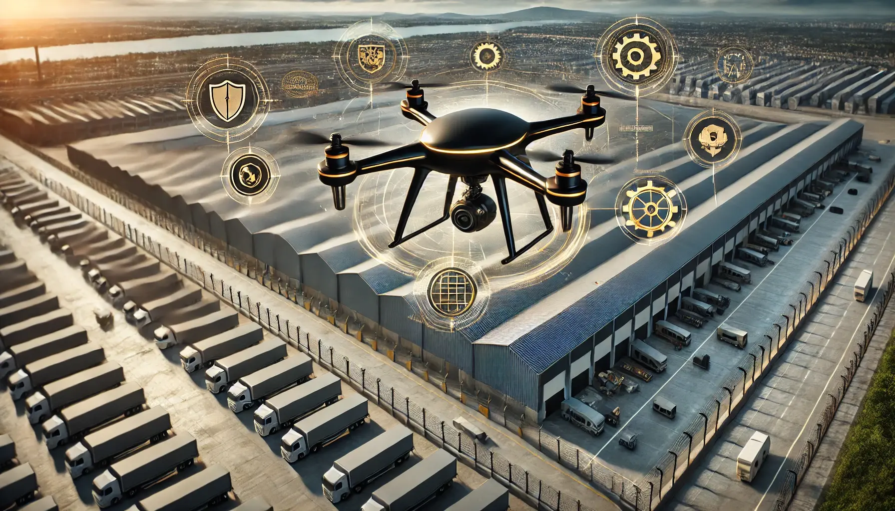 Black and gold drone patrolling a large warehouse and logistics hub, symbolizing perimeter monitoring drones and industrial facility security challenges.