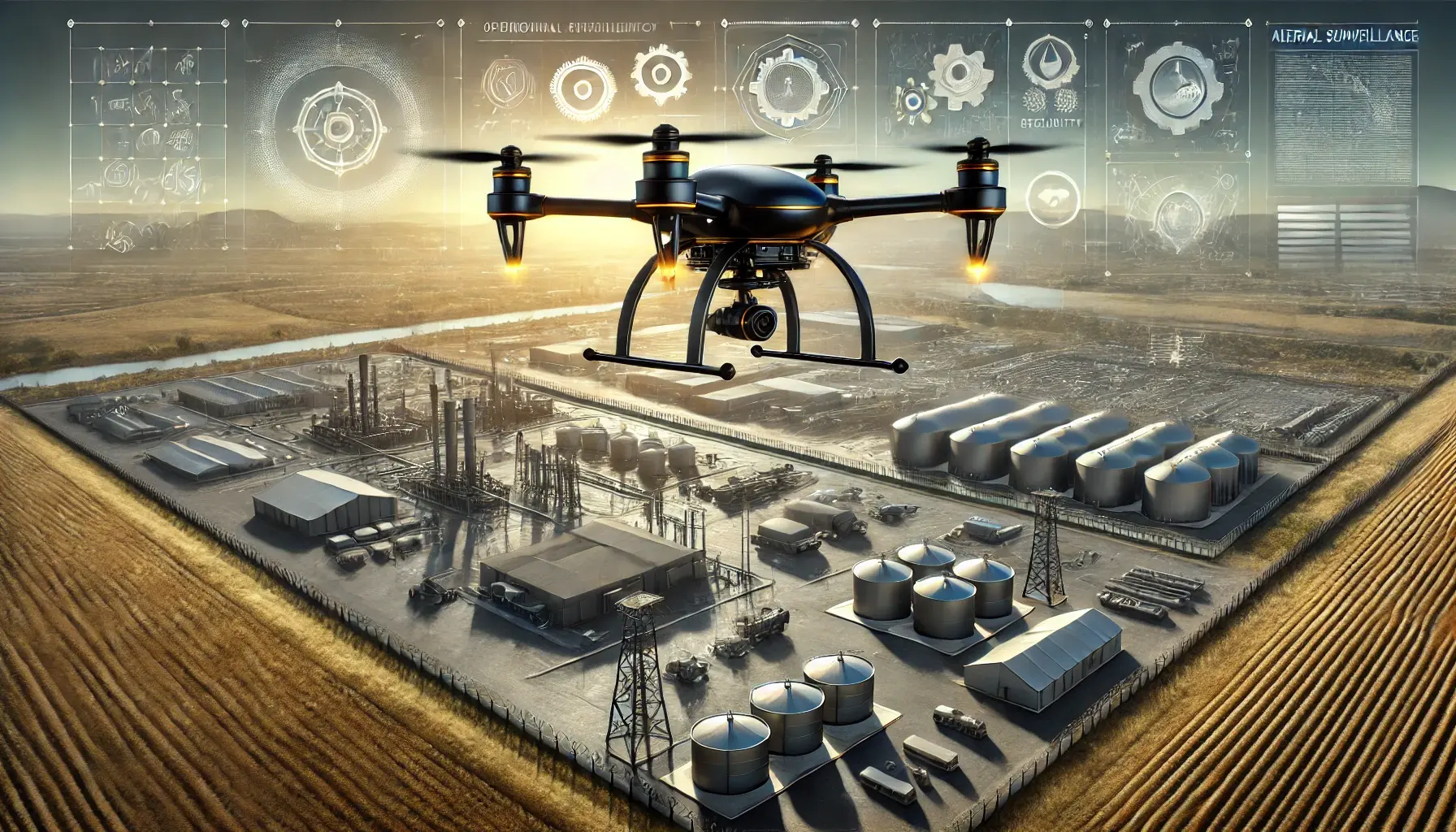 Black and gold drone monitoring a remote industrial facility with high-resolution cameras, symbolizing aerial surveillance for industrial sites.