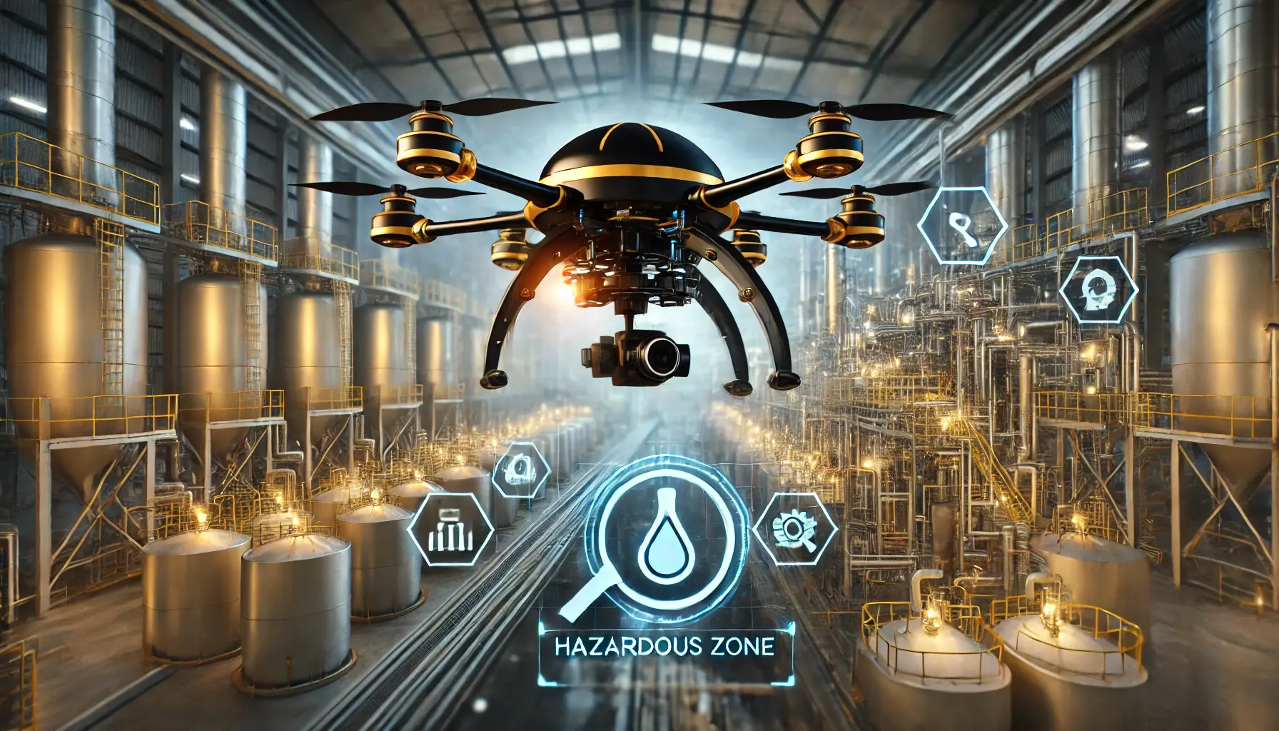 Black and gold drone monitoring hazardous zones in a manufacturing plant, showcasing industrial safety drones and proactive monitoring solutions.