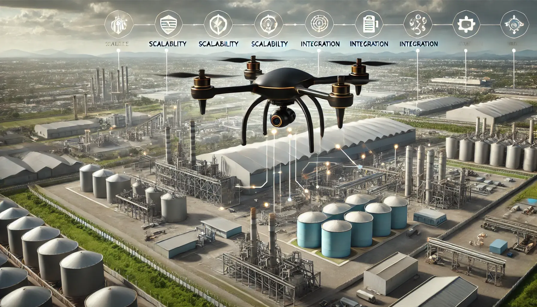 Black and gold drone monitoring an industrial facility, symbolizing scalable drone security solutions for warehouses, manufacturing plants, and logistics hubs