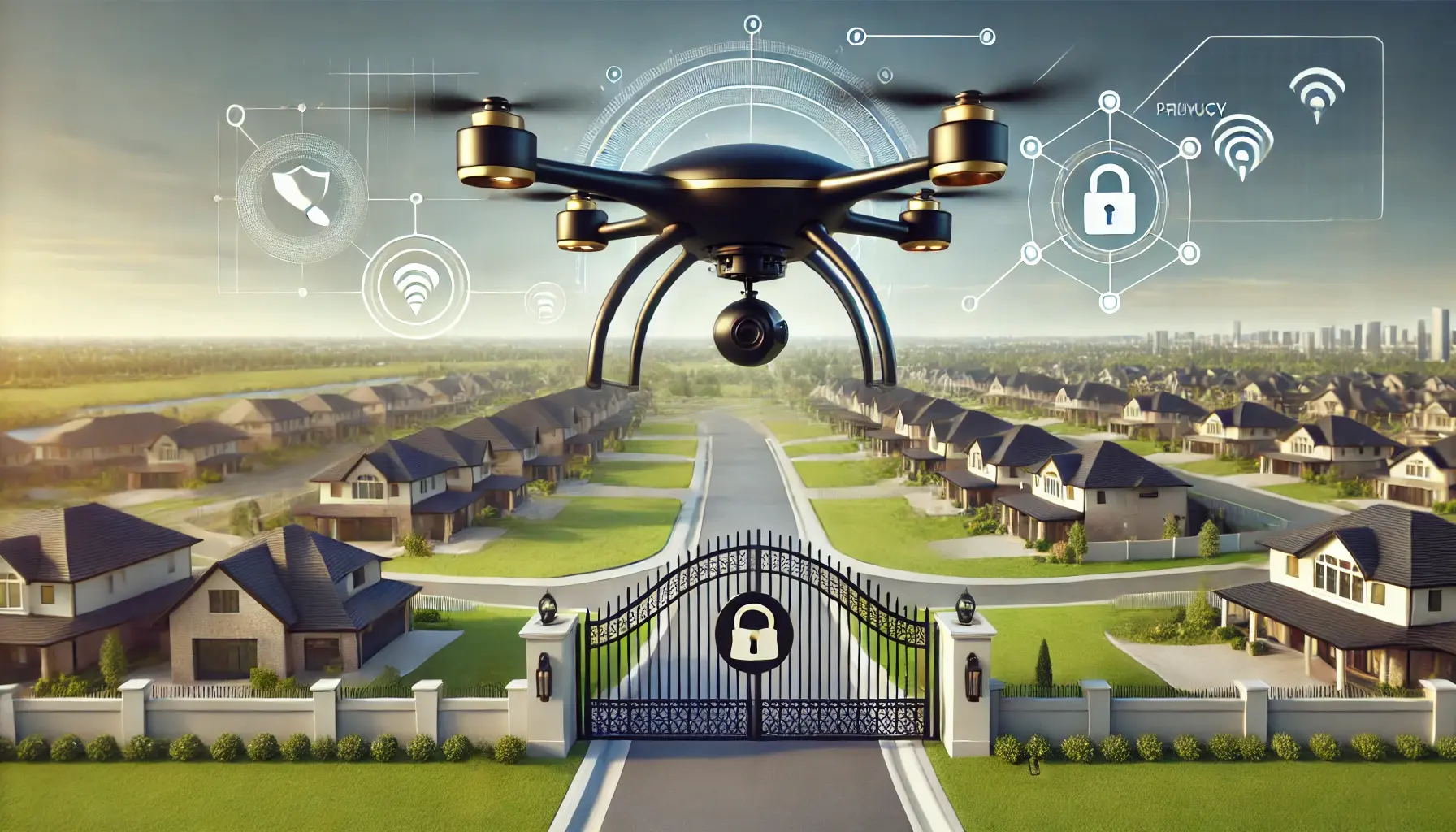 Black and gold drone monitoring an upscale gated community, symbolizing advanced drone security for gated neighborhoods and residential safety solutions.