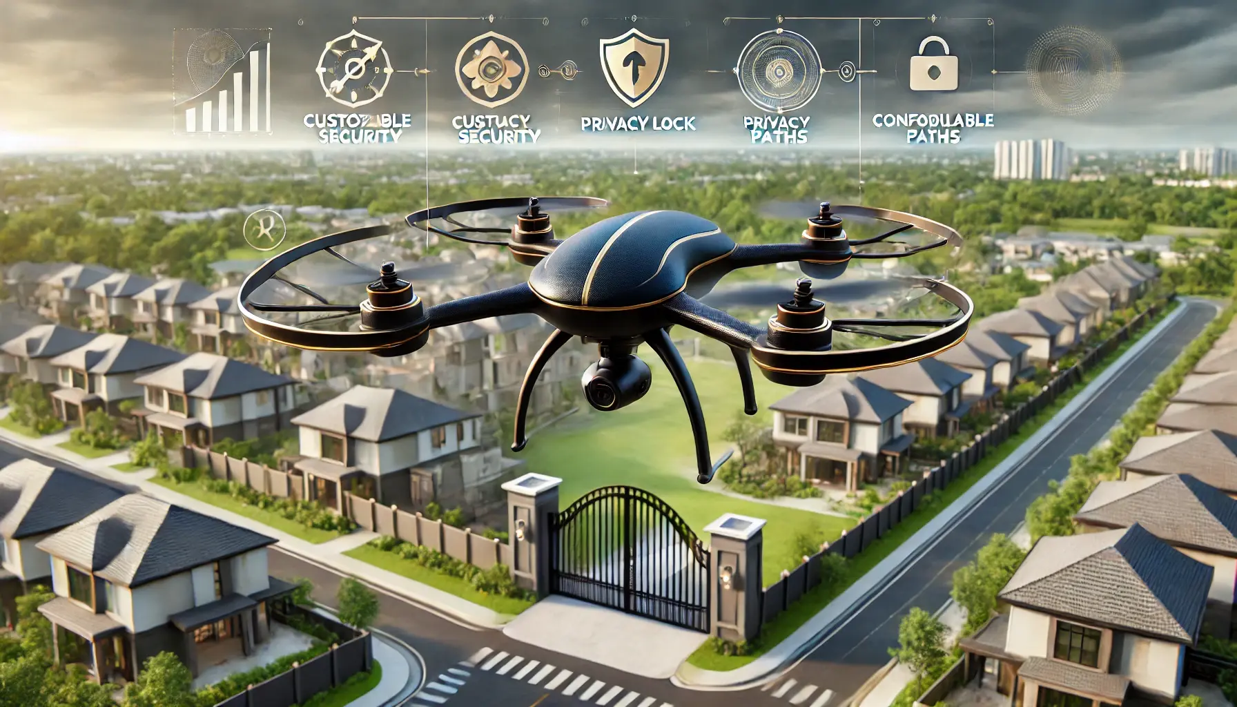 Black and gold drone patrolling a gated community, showcasing customizable drone security solutions for tailored residential surveillance.