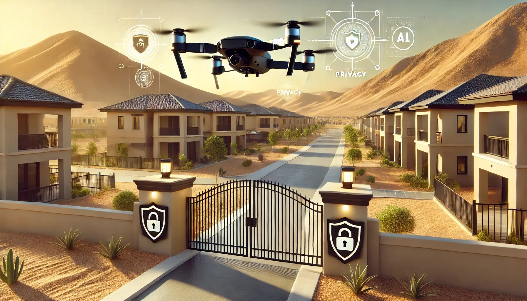 Black and gold drone patrolling a gated community in a desert setting, symbolizing advanced HOA drone services and residential drone safety.