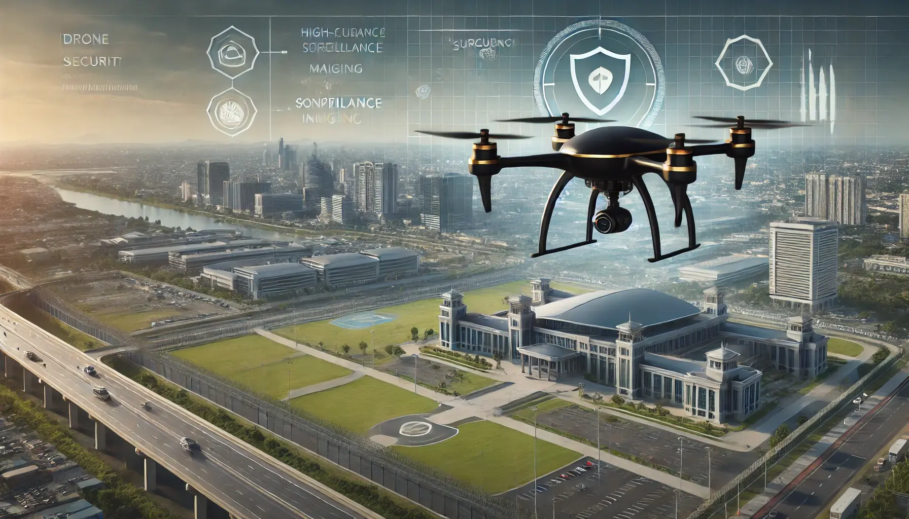 Black and gold drone patrolling a secure government facility, highlighting drone security for government facilities with advanced surveillance and compliance.