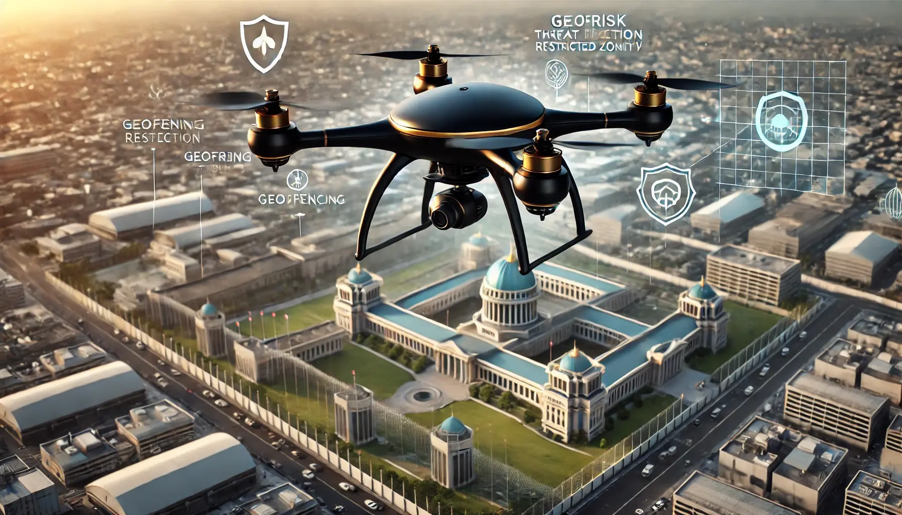 Black and gold drone monitoring a government facility with secure perimeters, showcasing drone solutions for government facility security and threat detection.