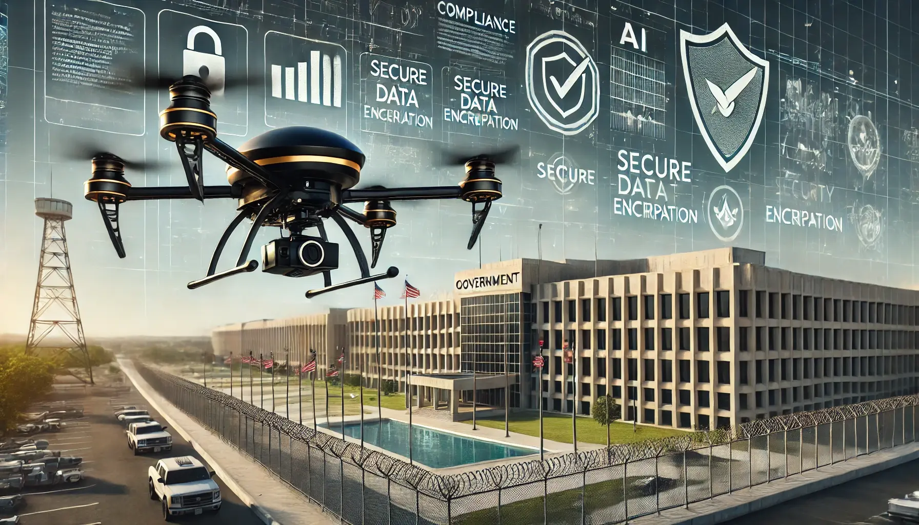 Black and gold drone monitoring a secure government facility, showcasing compliance-focused drone security with regulatory adherence and advanced technology.