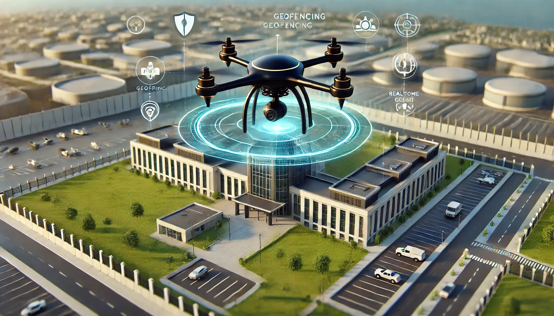 Black and gold drone monitoring a modern municipal building, showcasing operational security drones with advanced surveillance and compliance features.