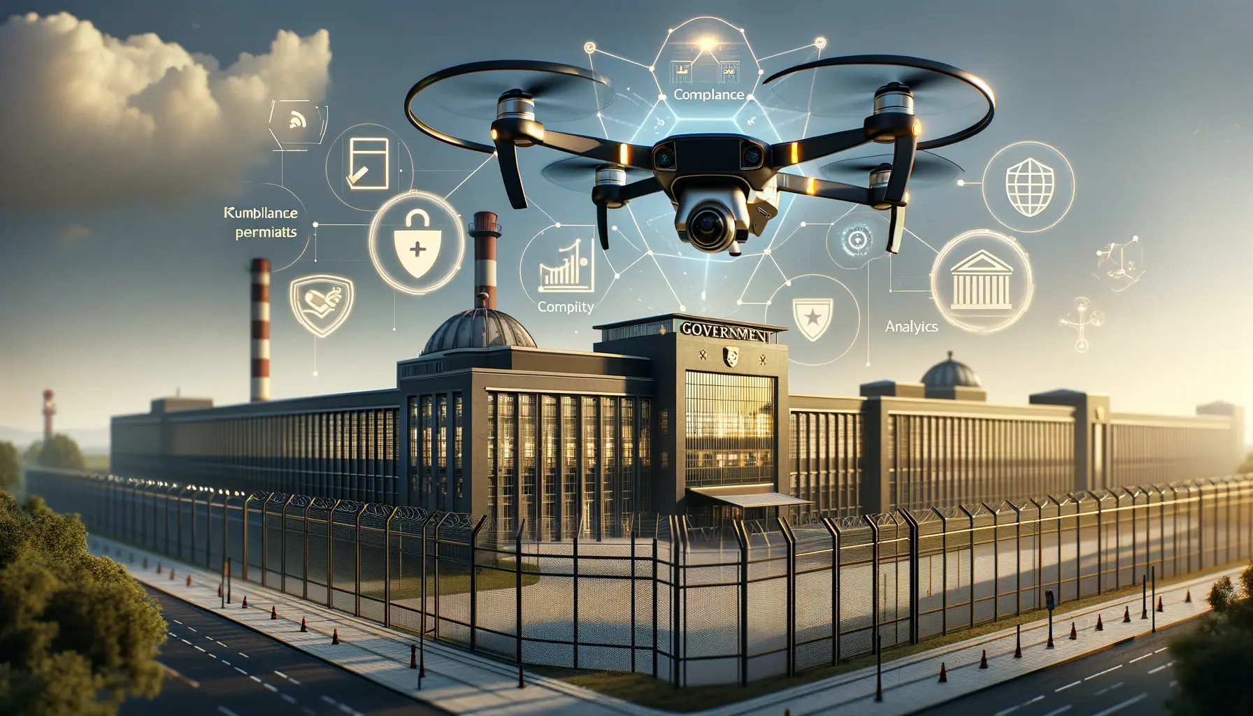 Black and gold drone monitoring a secure government complex, showcasing reliable drone security systems with compliance and detailed reporting capabilities.