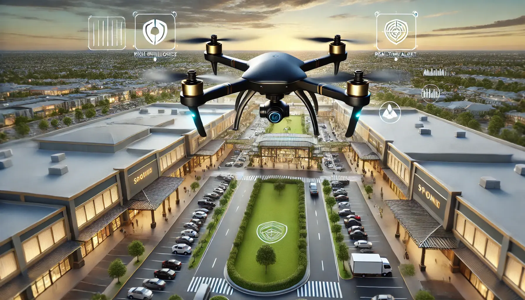 Black and gold drone monitoring a bustling shopping mall, showcasing retail drone security with advanced surveillance for parking lots and store entrances.