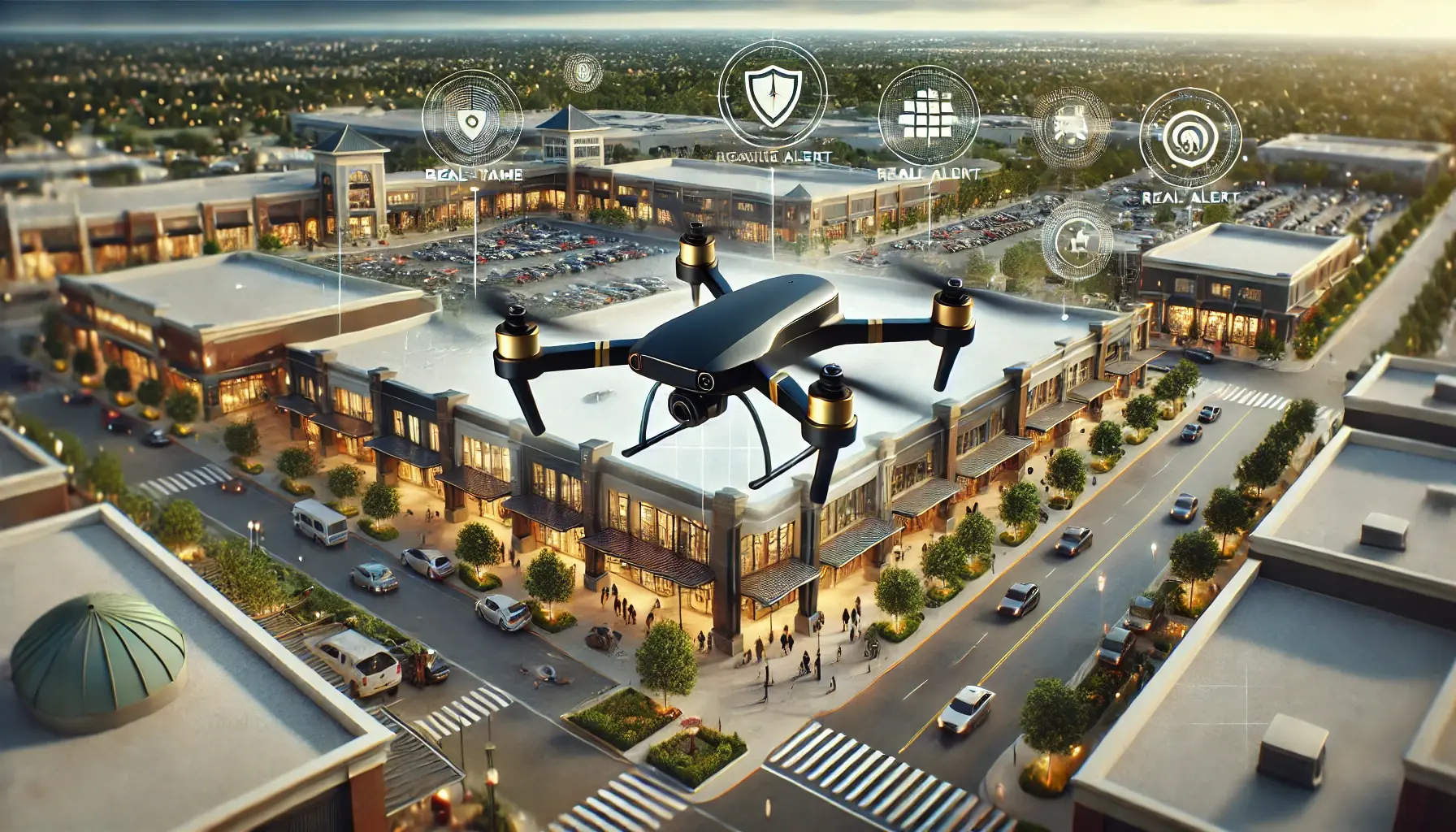 Black and gold drone monitoring a shopping mall, showcasing visible security drones with advanced surveillance for retail safety and shopper confidence.