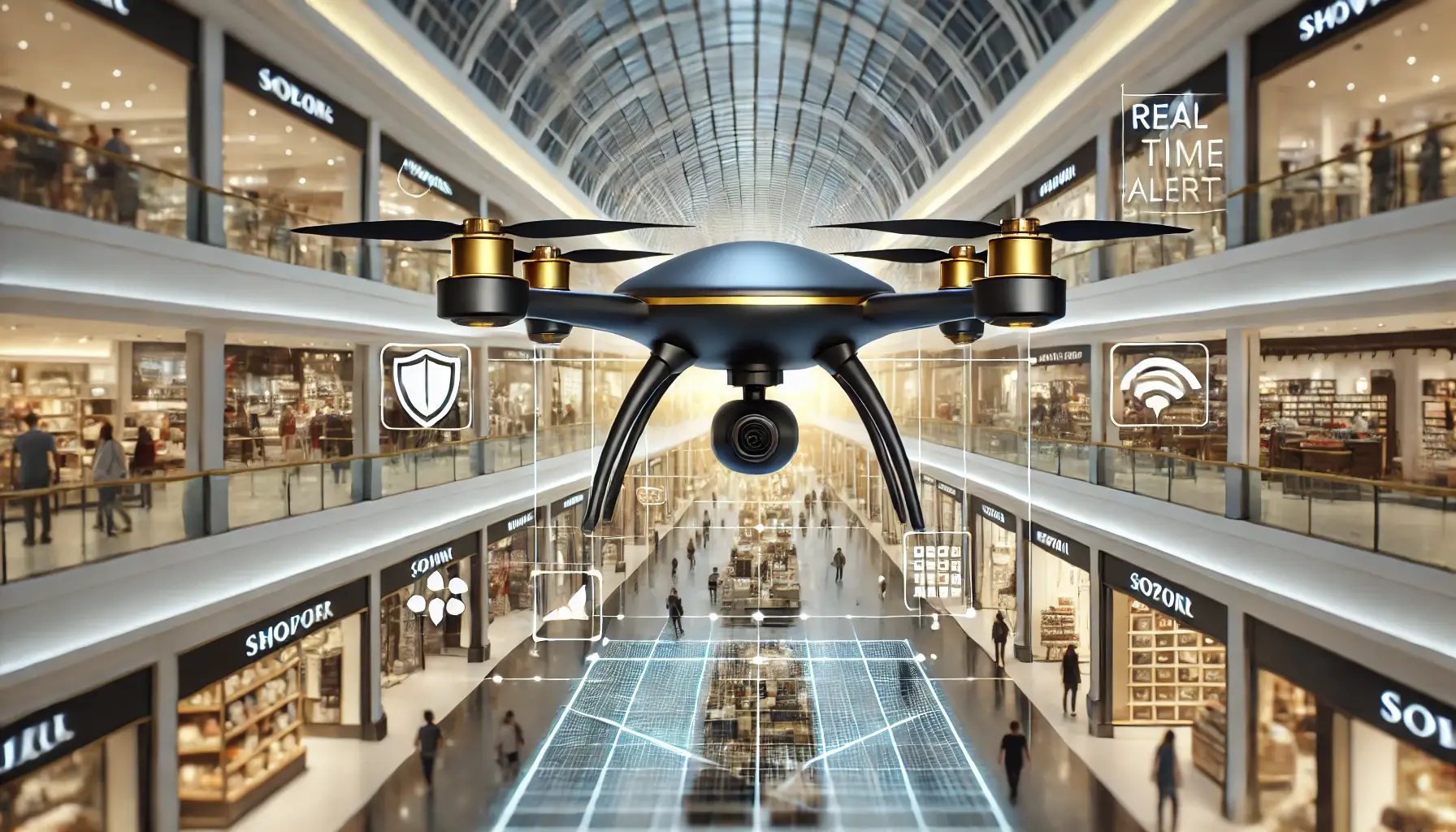 Black and gold drone monitoring a shopping mall, showcasing real-time drone surveillance for shoplifting prevention and advanced retail theft deterrence.