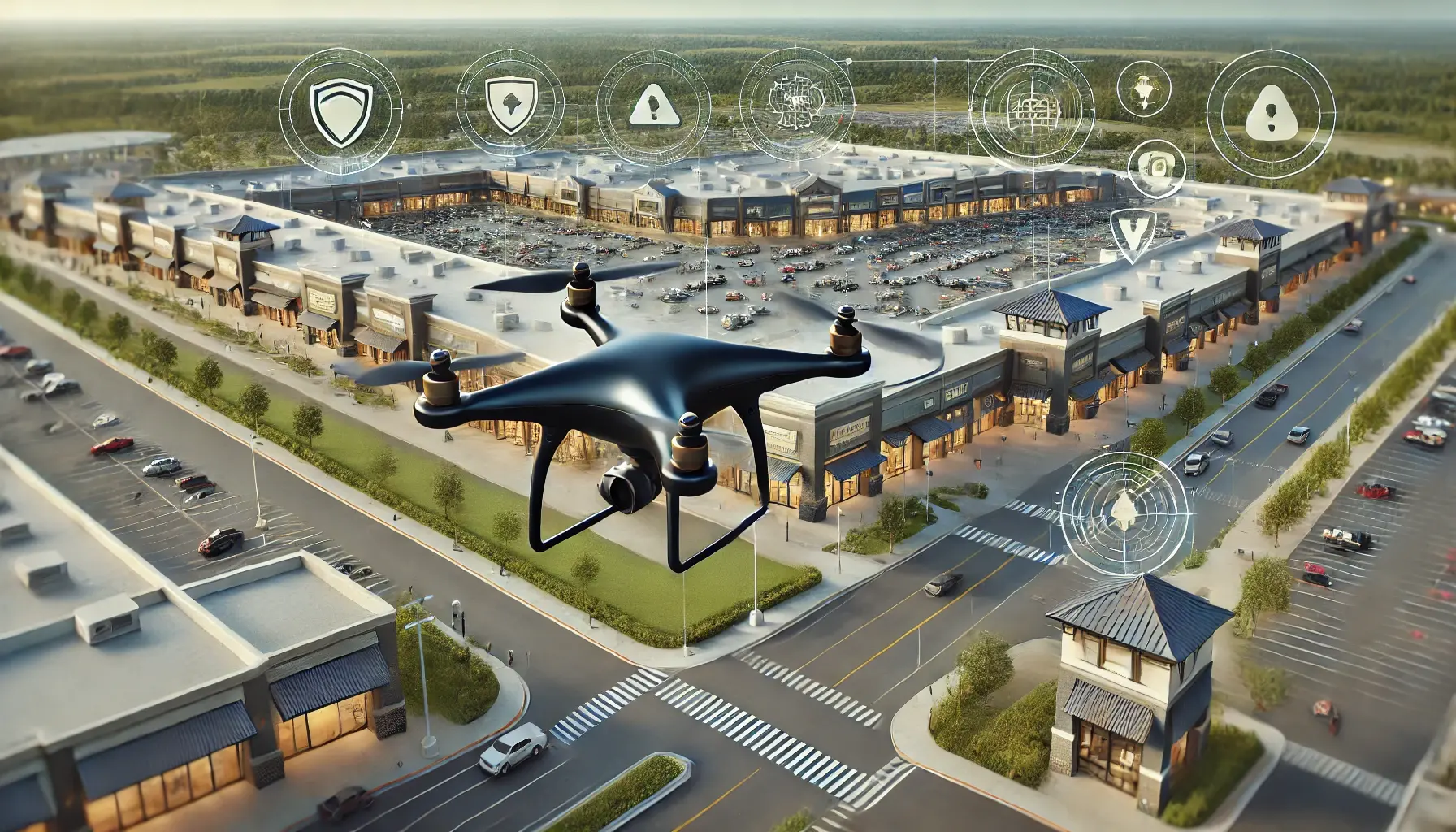 Black and gold drone monitoring an outlet center, showcasing drone-assisted security with advanced perimeter monitoring and incident response for retail safety