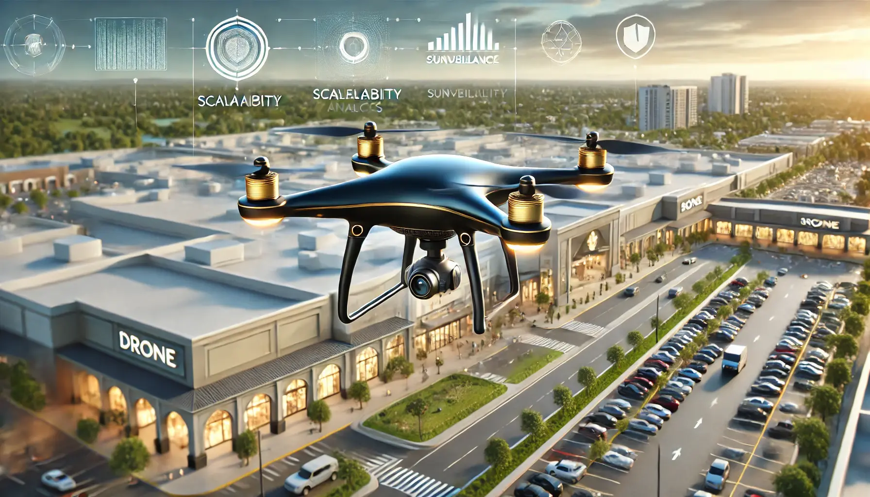 Black and gold drone monitoring a retail complex, showcasing scalable mall security with advanced surveillance features for enhanced safety.