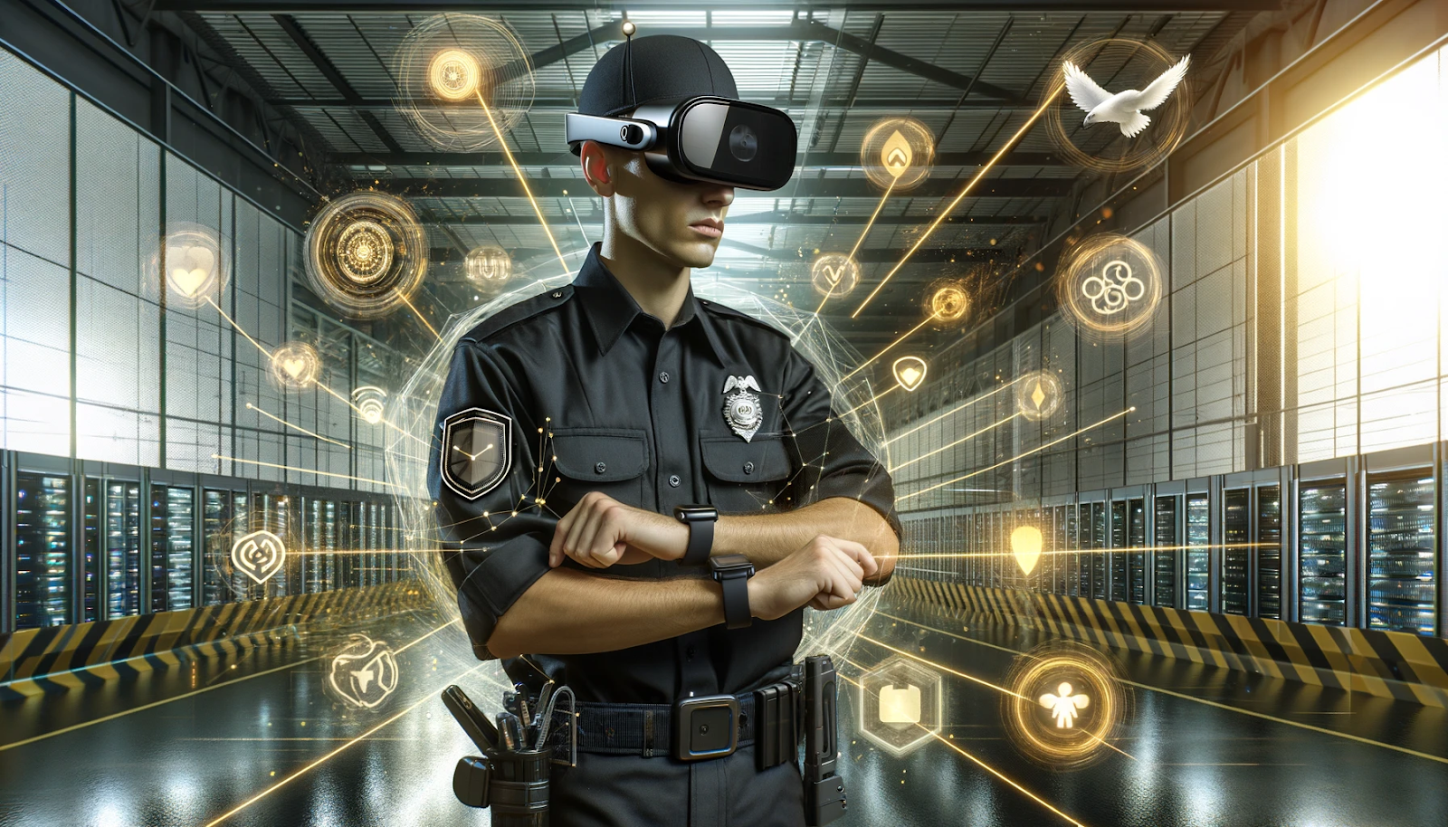 A security guard equipped with wearable technology including a smartwatch, AR glasses, and a body cam, actively monitoring a high-security facility. 