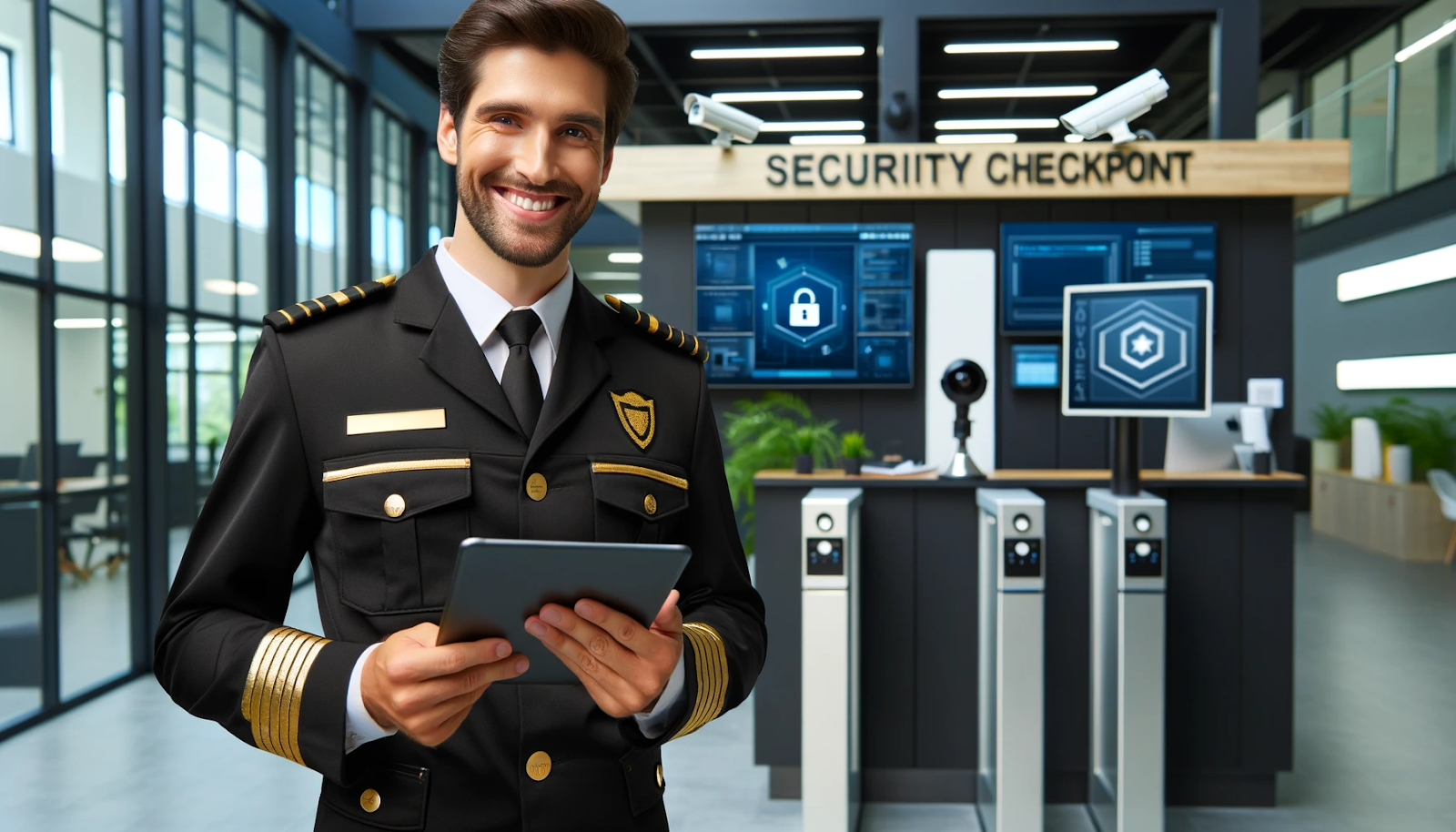 Cheerful security guard in a black and gold uniform reviewing a tablet for cybersecurity training.