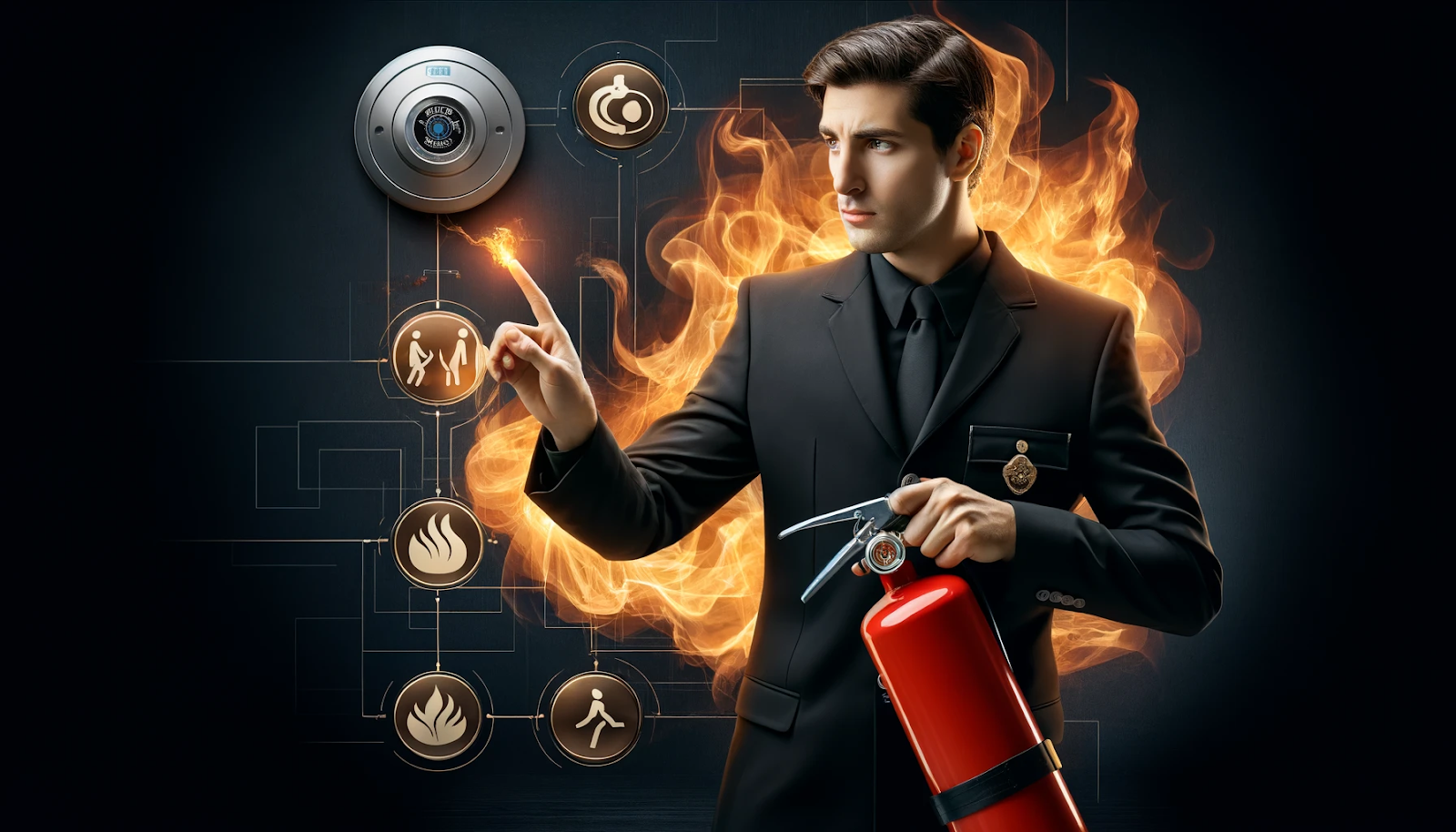 This image is a photorealistic depiction symbolizing fire safety training for security personnel. Dominated by black and gold tones.