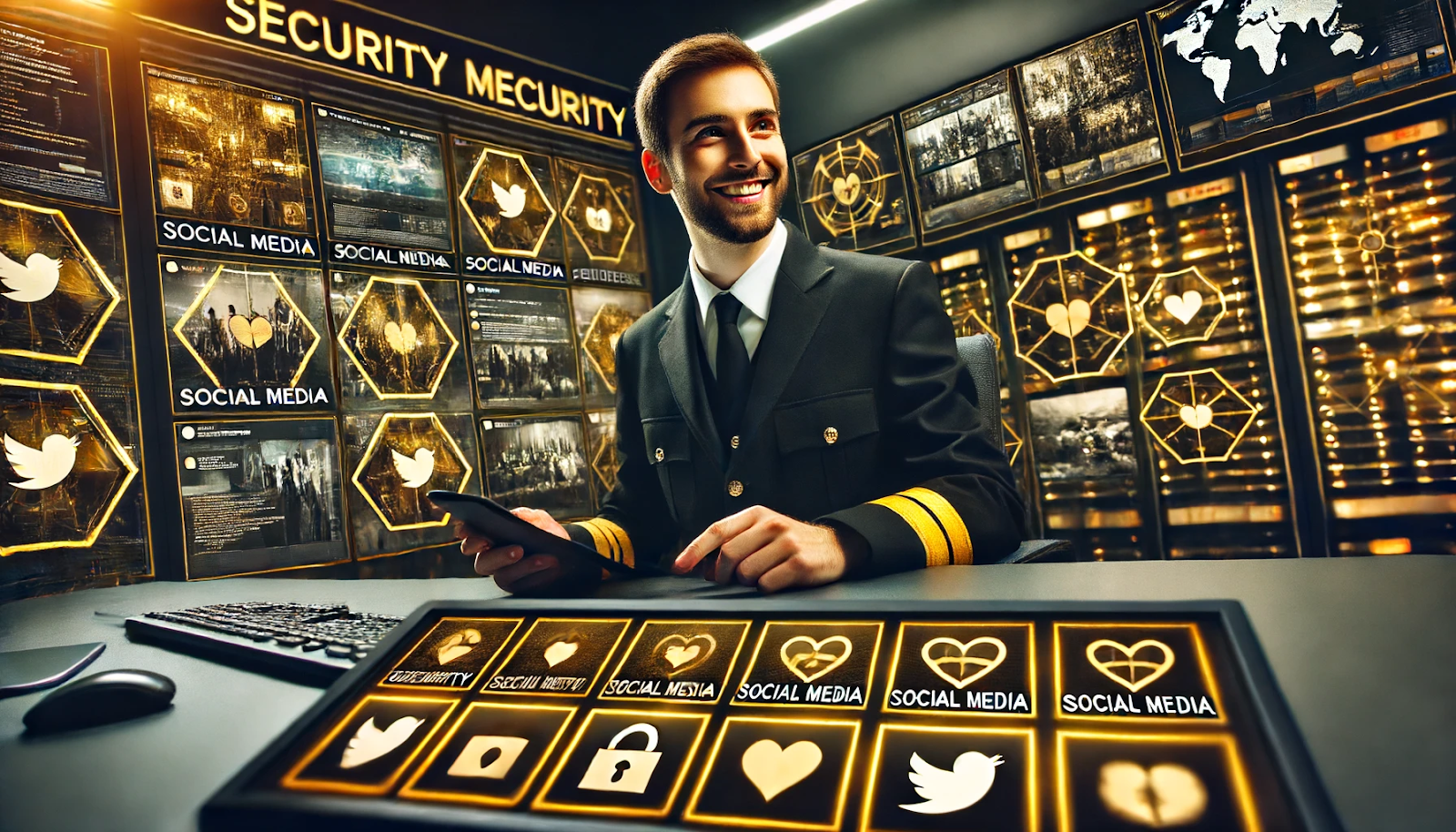 Cheerful security guard monitoring social media feeds in a control room, highlighting security monitoring tools.