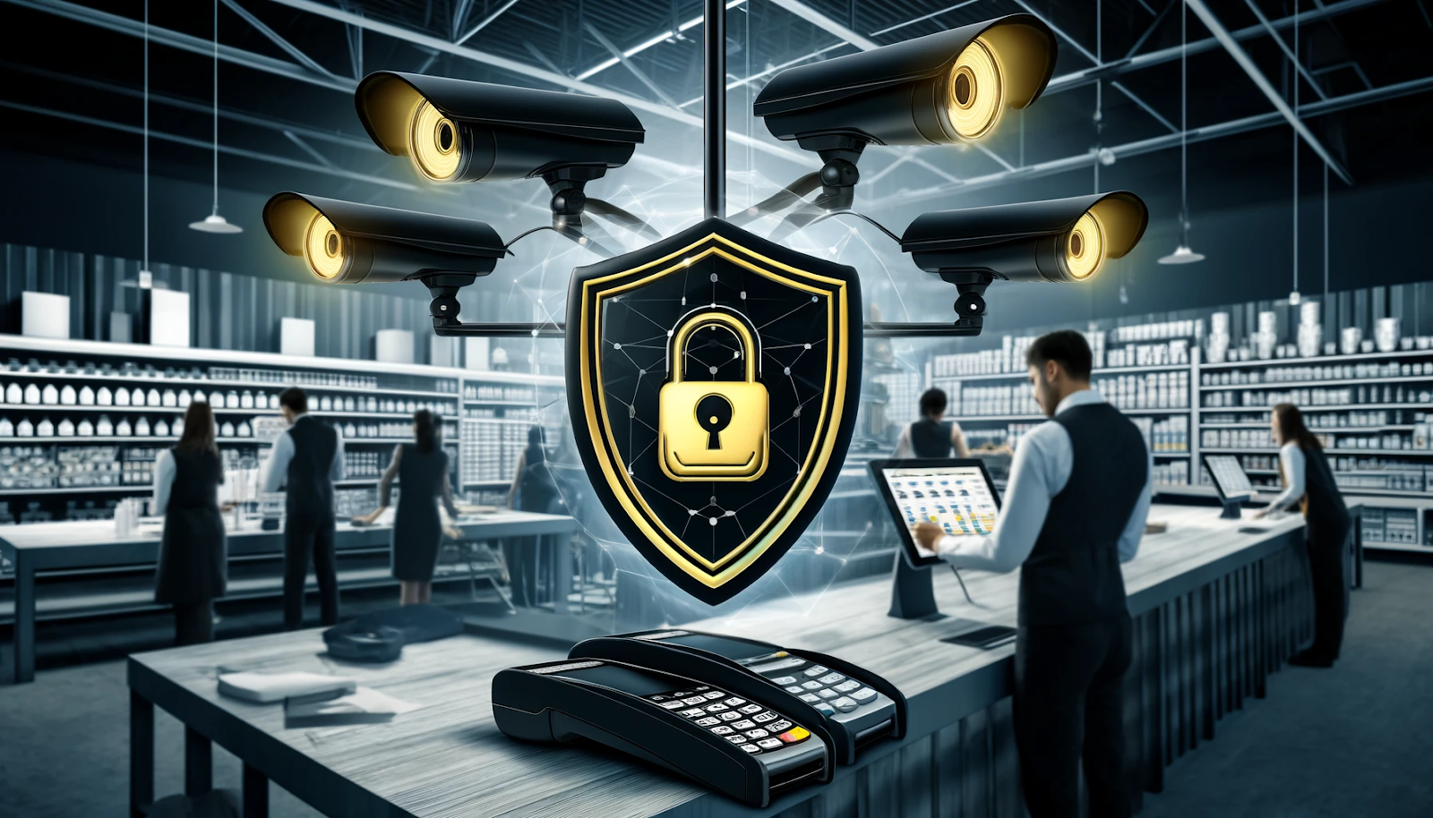 A photorealistic image symbolizing retail fraud prevention, featuring surveillance cameras, secure POS systems, and trained employees, with black and gold colors to highlight security.
