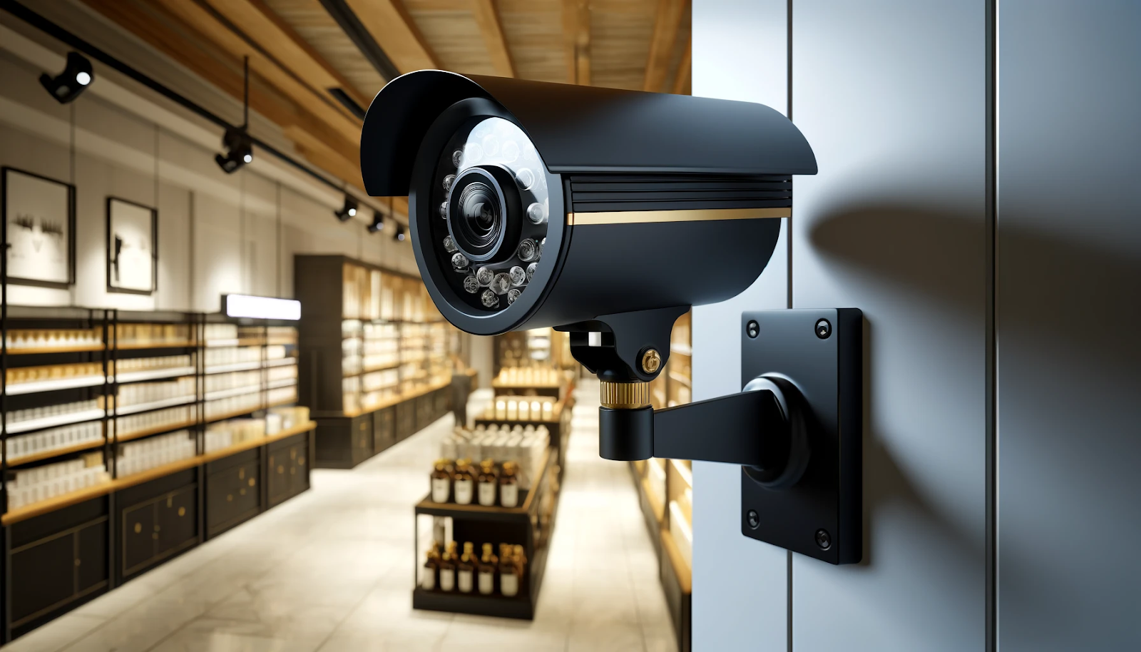A photorealistic image symbolizing the use of CCTV in retail environments, featuring black and gold colors. 