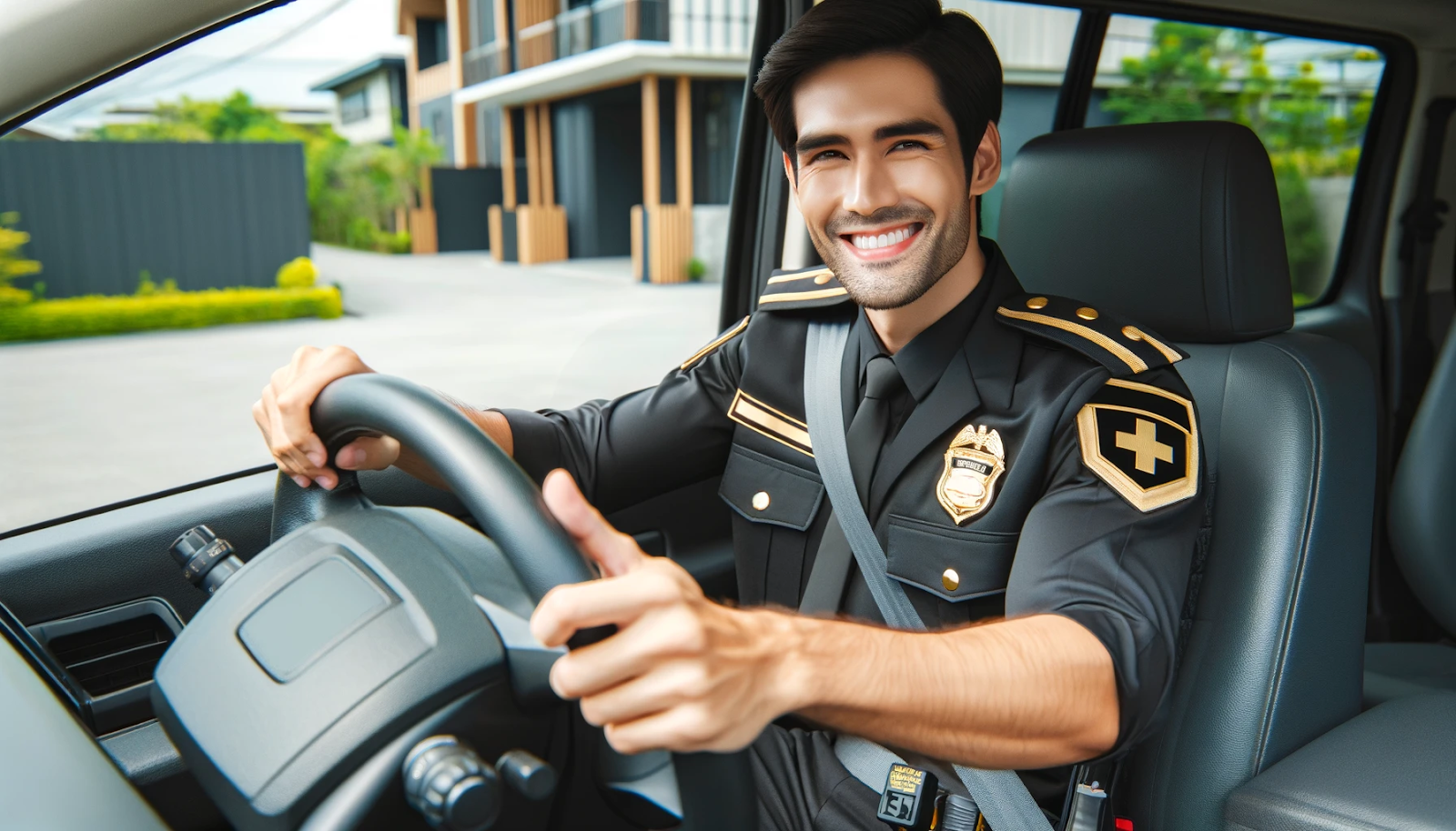 A cheerful security guard in a black and gold uniform driving a patrol car, emphasizing mobile security patrol safety.