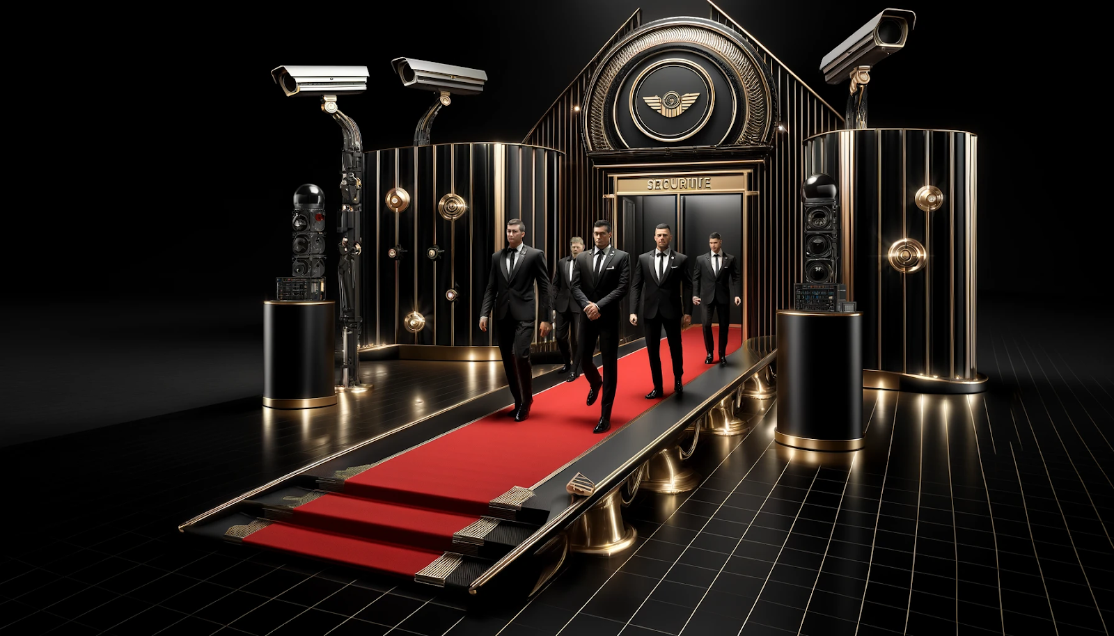 This is a symbolic security setup with black-suited guards, a red carpet, and surveillance equipment. The colors black and gold represent sophistication and professionalism.