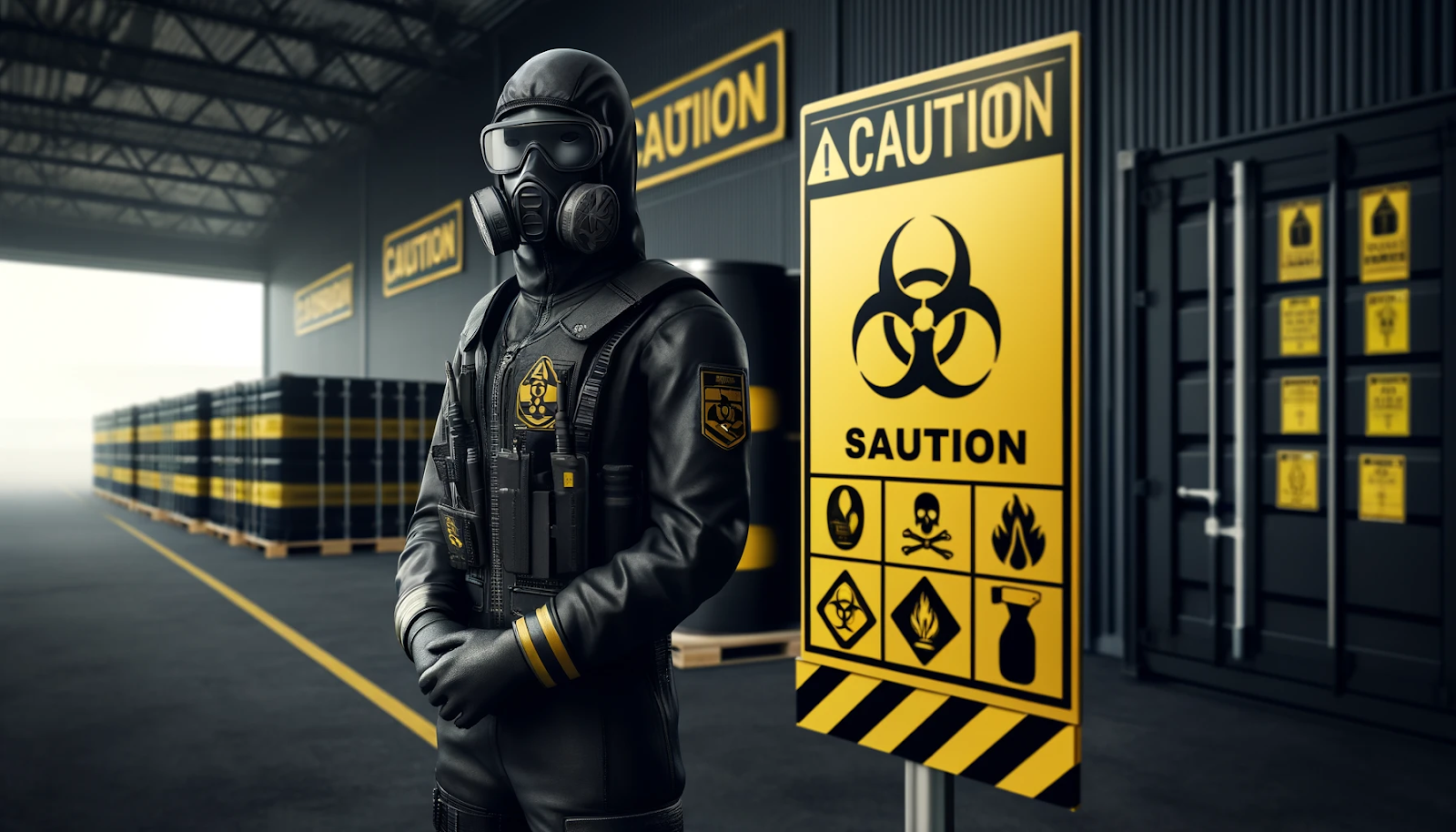 A photorealistic image of a security guard in protective gear near a caution sign with hazardous material symbols symbolizes the safe handling of hazardous materials in industrial and commercial environments. 