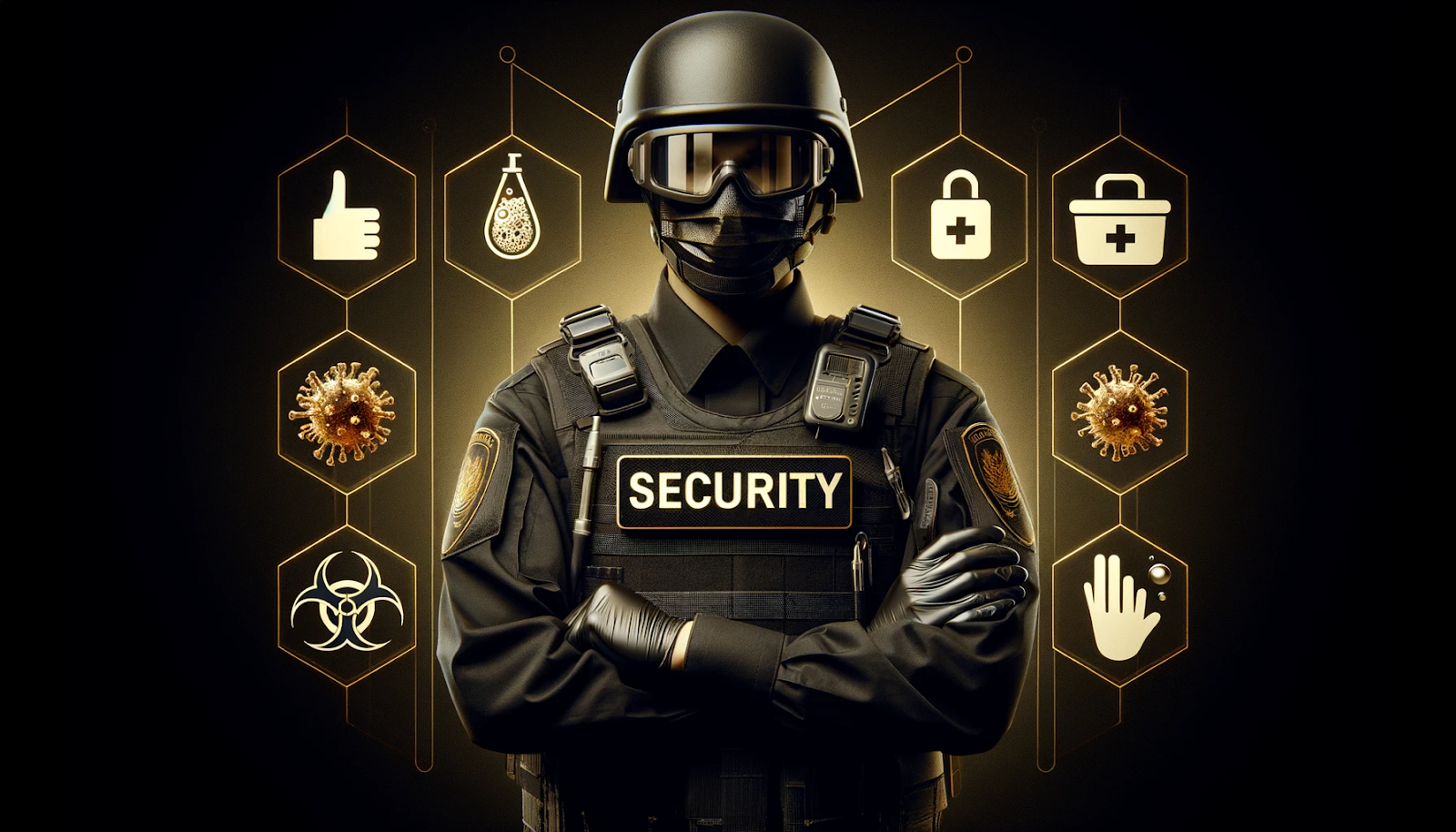 A photorealistic image symbolizing communicable disease prevention in security roles, featuring black and gold colors.  