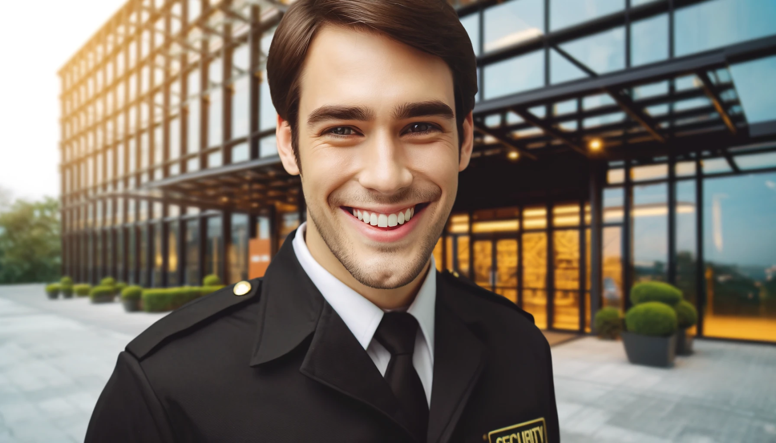 Cheerful security guard in uniform, smiling at the camera with a background of a secure office building in black and gold colors.