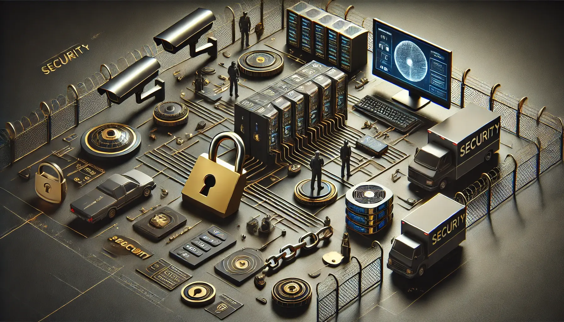 A photorealistic image symbolizing multi-layered security strategies, featuring a black and gold color scheme.  