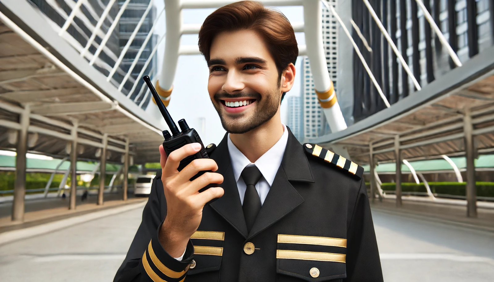 Cheerful security guard in black and gold uniform communicating with a two-way radio, representing effective security operations.
