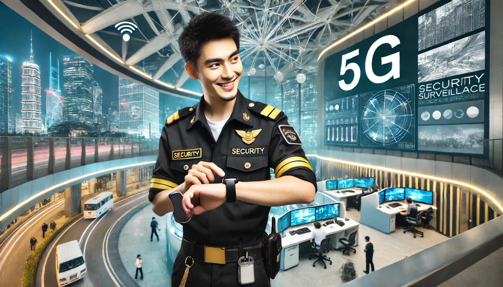 Cheerful security guard with black and gold uniform using 5G-enabled devices to enhance security operations.