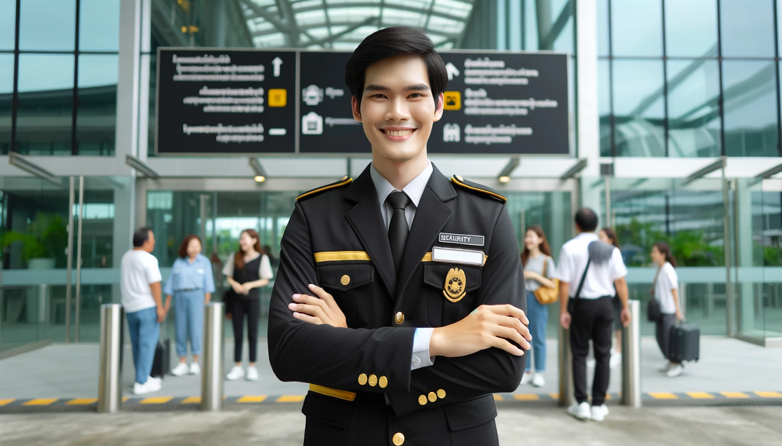 A cheery security guard in a black and gold uniform ensures safety, representing workplace safety and legal protections.