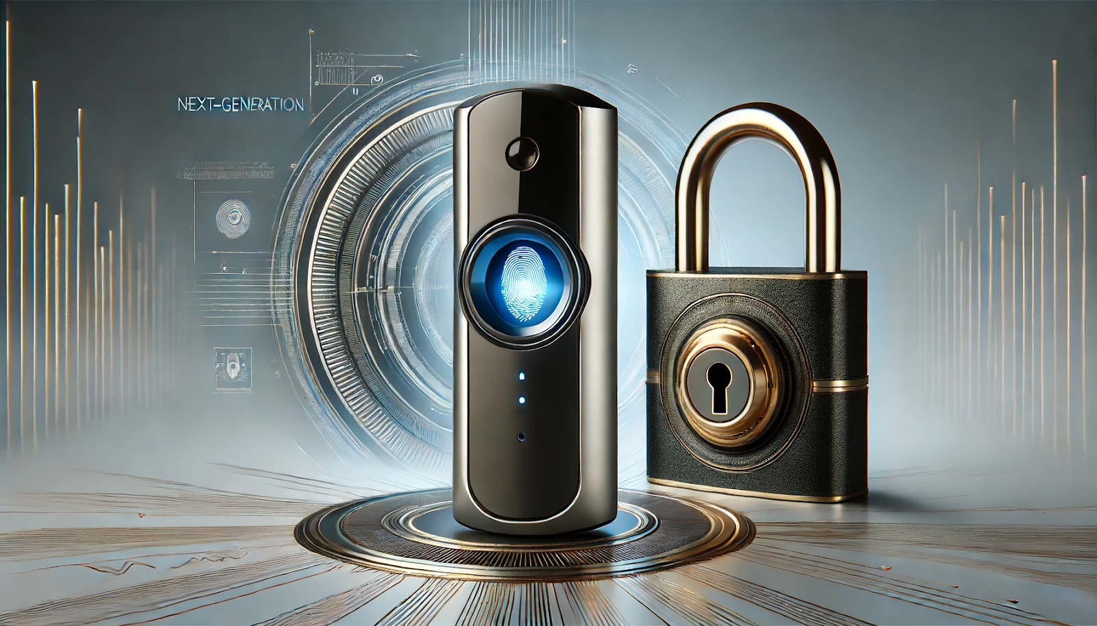 A photorealistic image depicting next-generation access control technologies, featuring a modern biometric scanner and smart lock with a sleek black and gold design, symbolizing the advancement and security of contemporary access control systems.