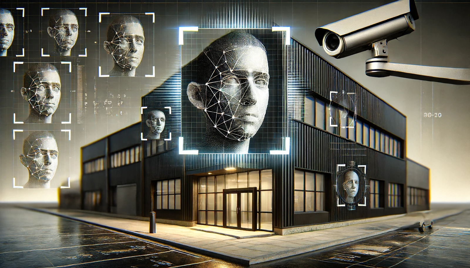 A photorealistic image symbolically representing facial recognition technology in security services, featuring a secure building with a high-tech surveillance camera and a digital facial recognition interface overlay.  