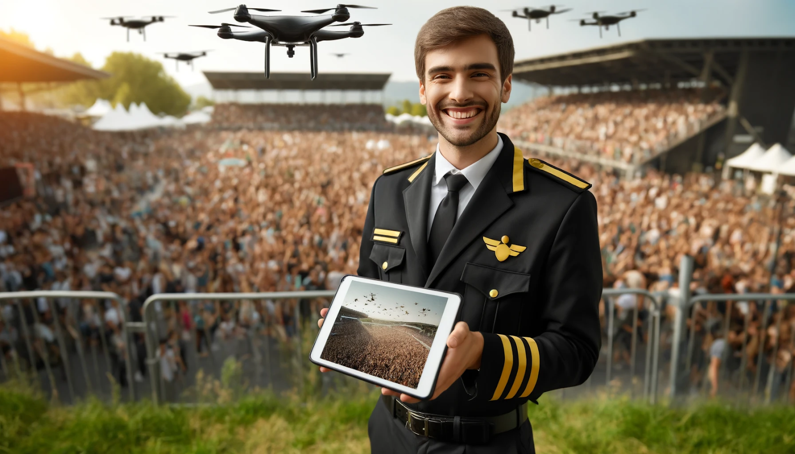 A cheerful security guard in a black and gold uniform monitors a large event crowd with drone surveillance, using live aerial footage on a tablet for safety.