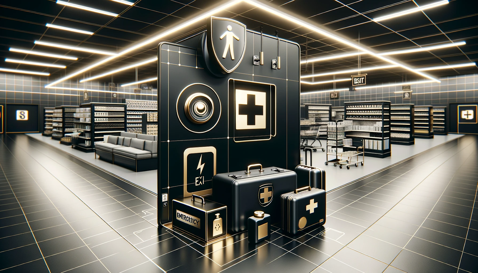 A photorealistic image depicting emergency and crisis management in a retail setting. The scene features a retail store with key elements such as a security camera.