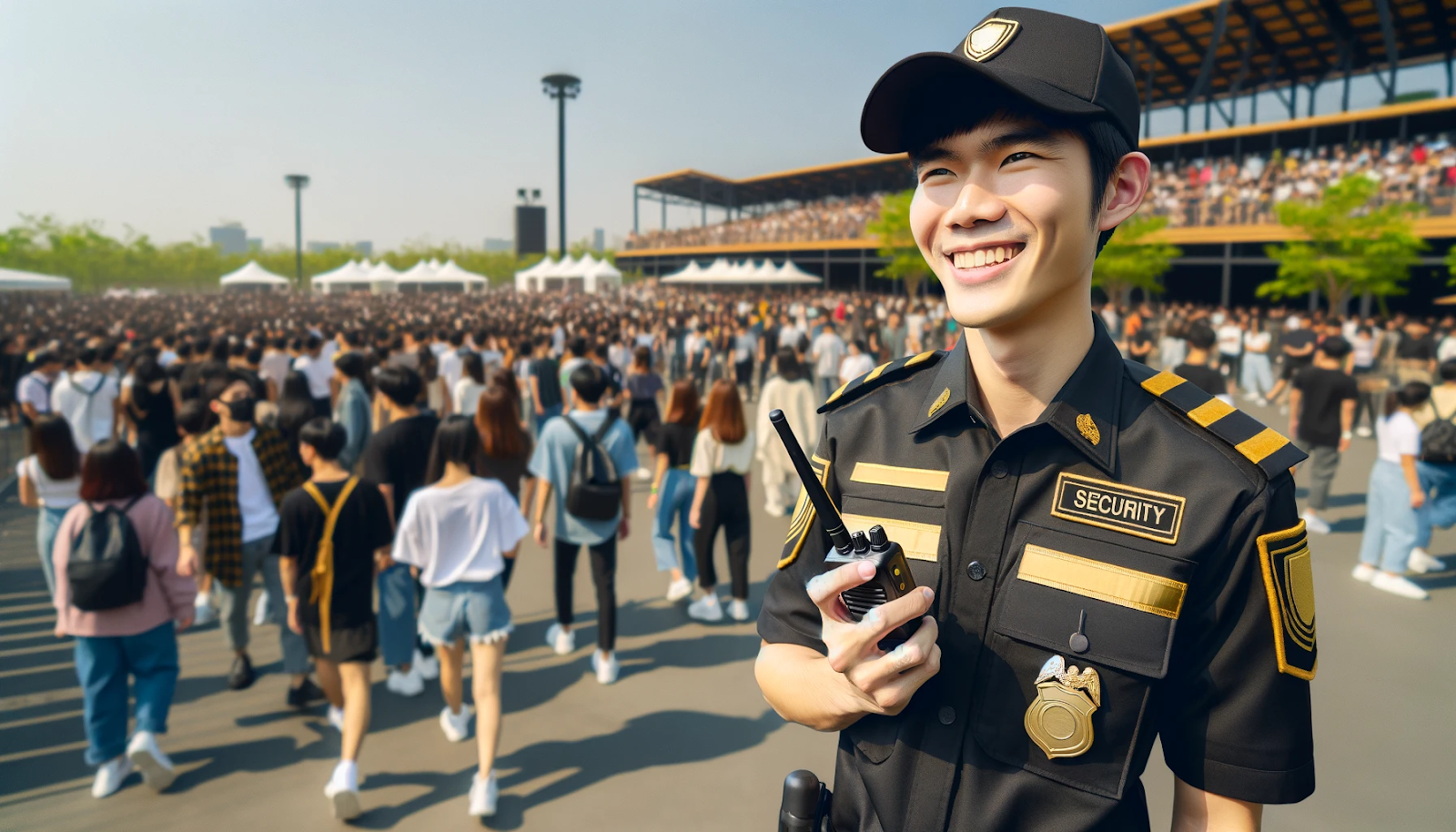 Smiling security officer ensures safety at a large outdoor event, surrounded by a crowd of attendees under a clear sky, highlighting effective event security management.