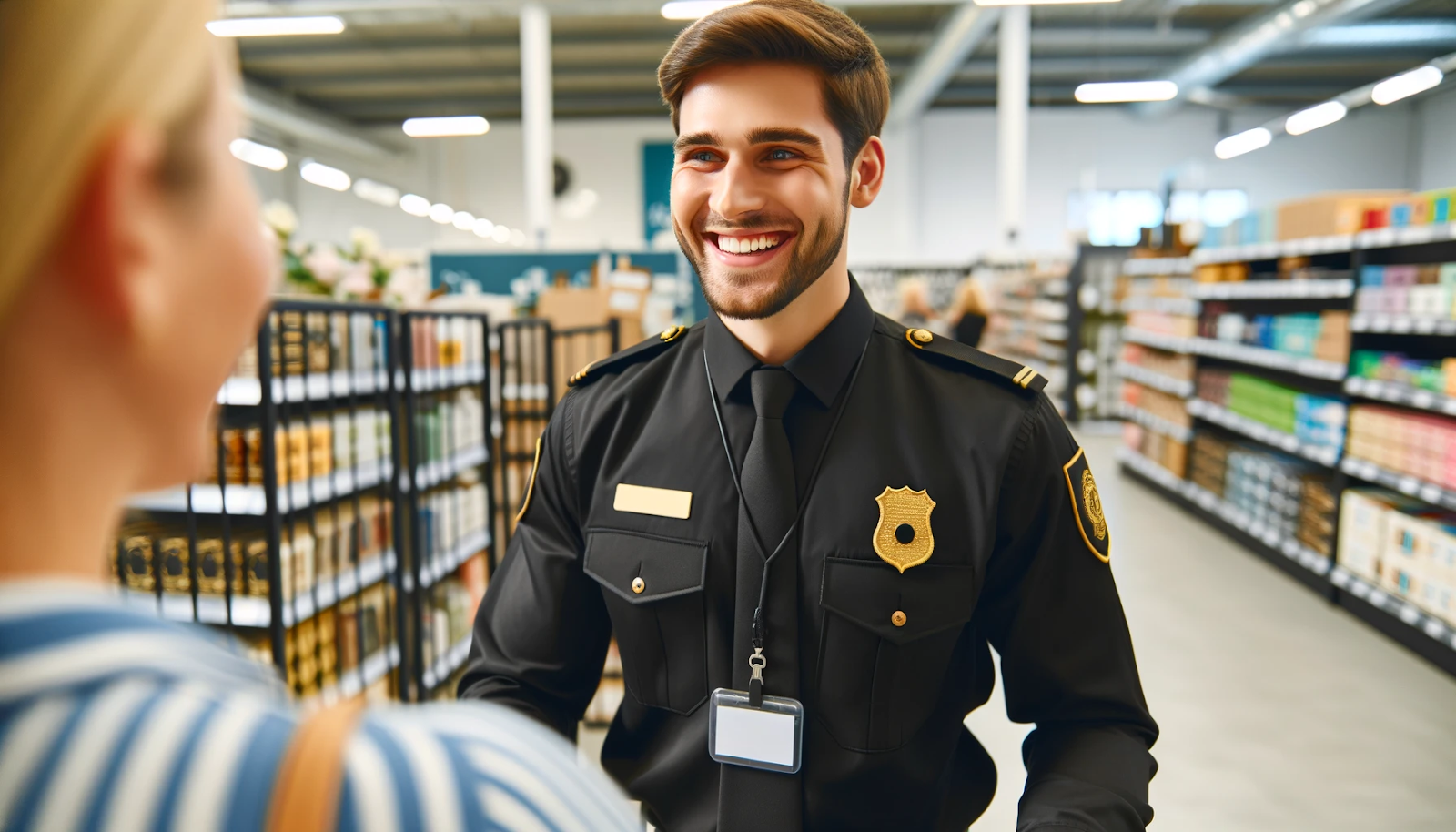 Cheerful security guard in a retail store, highlighting effective retail security procedures in action.
