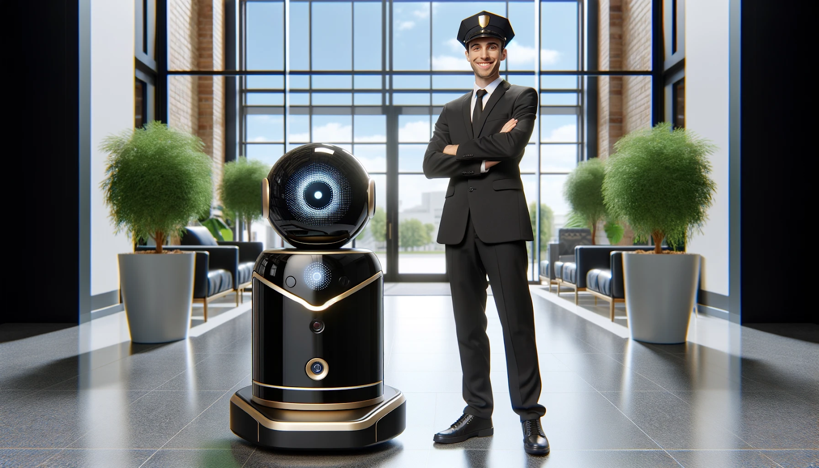 Cheerful security guard standing next to a black and gold autonomous security robot in a bright office lobby, highlighting modern security collaboration