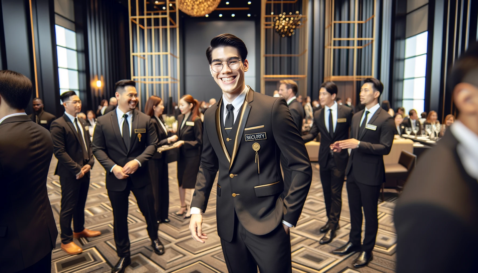 Cheerful security guard assisting attendees at a corporate event security setup in a modern conference hall with black and gold decor