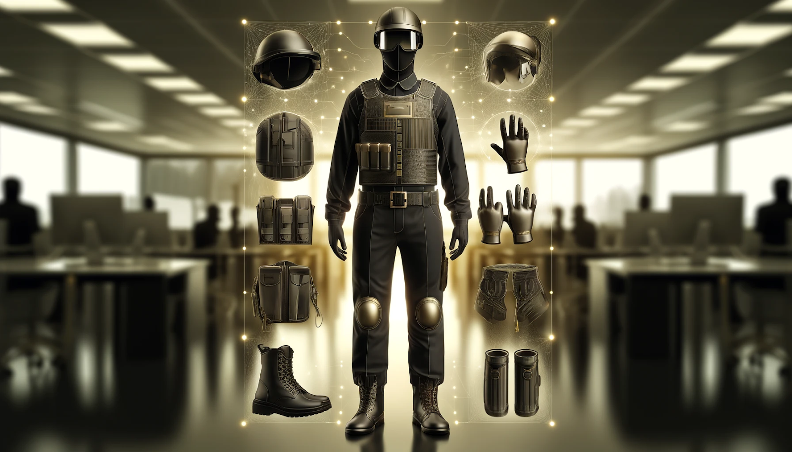 A symbolic representation of Personal Protective Equipment (PPE) for security guards, featuring black and gold colors, illustrating essential safety gear such as helmets, body armor, and safety boots