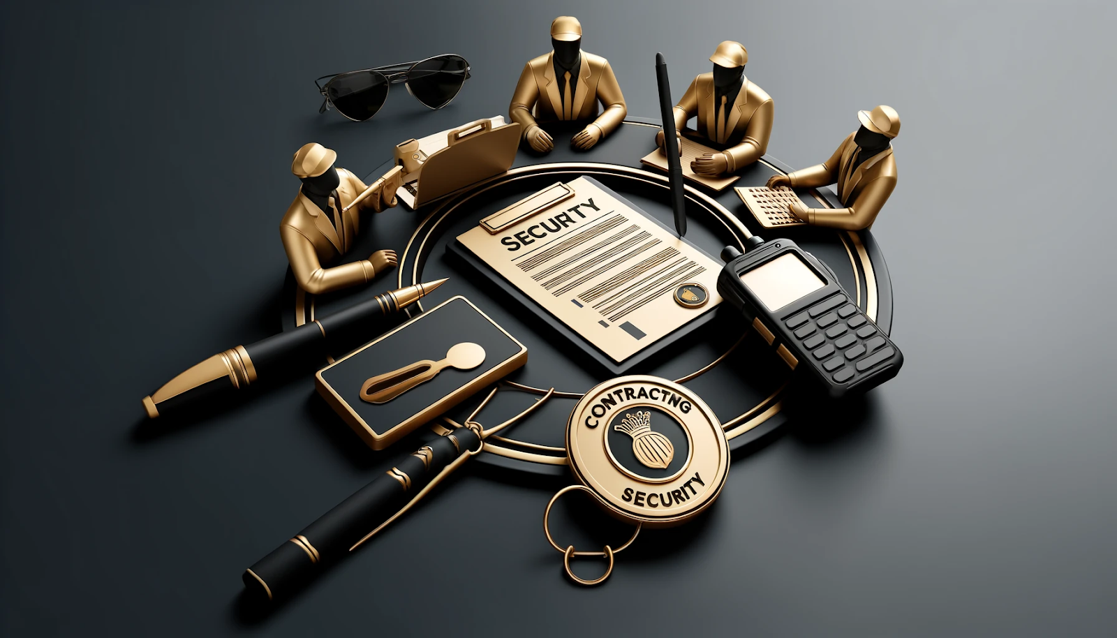 A professional setting with a meeting table, security documents, badge, and walkie-talkie in black and gold, symbolizing collaboration in event security planning.