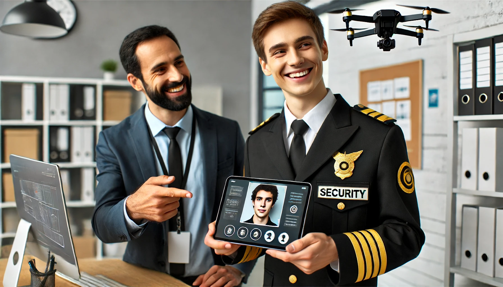 Cheerful security guard in black and gold uniform demonstrating modern security technology to a property manager.
