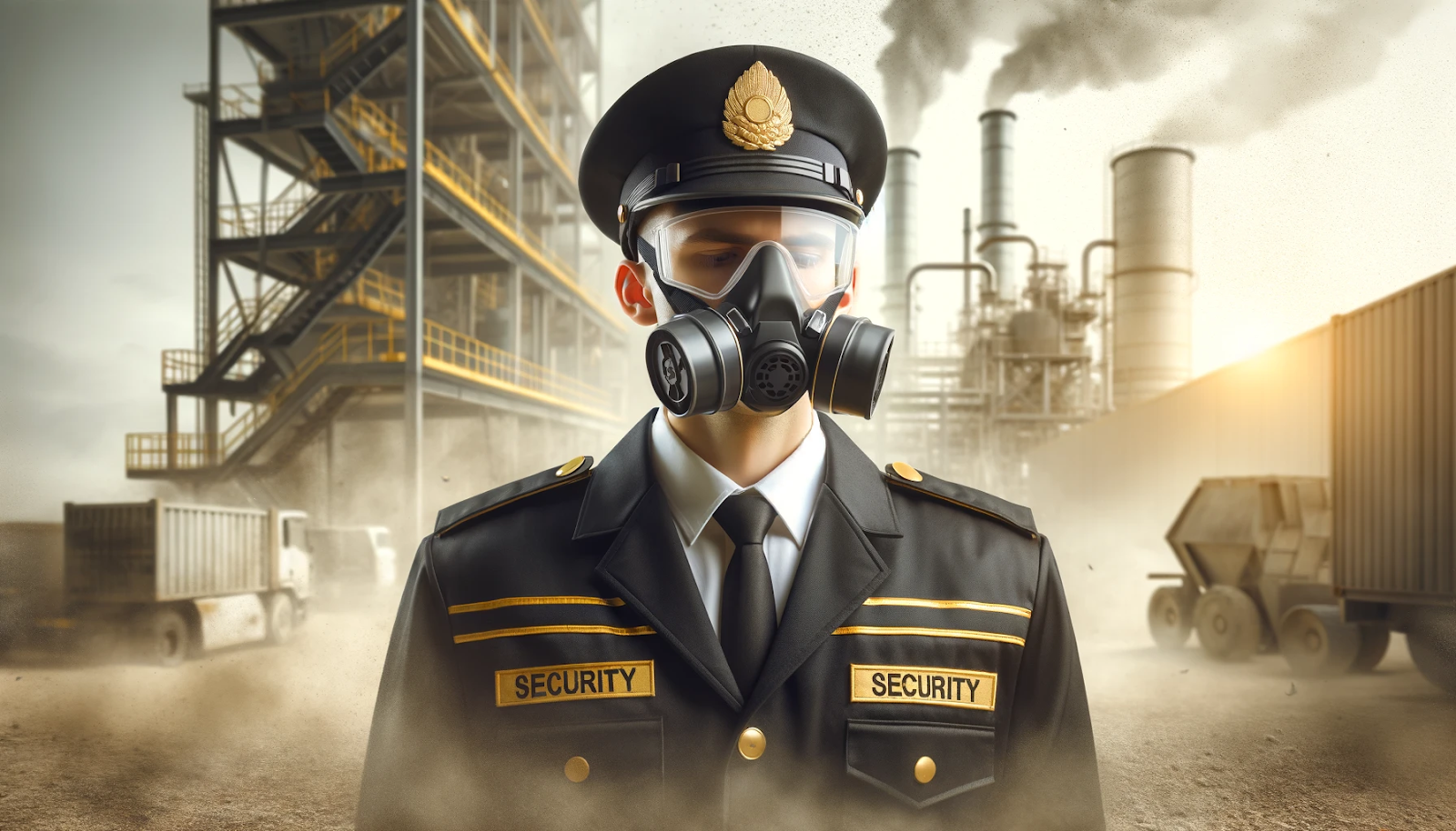The image is a photorealistic representation symbolizing respiratory protection for security guards. It features black and gold colors, emphasizing the importance and professionalism of security personnel. 