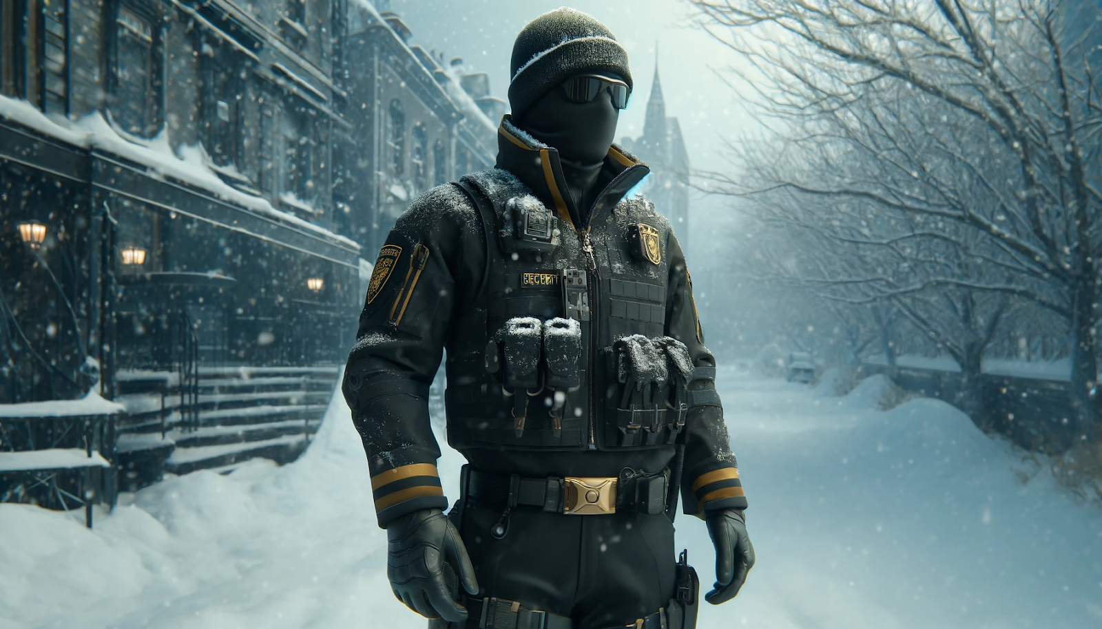 A photorealistic image representing cold weather safety for security personnel, featuring black and gold elements.  