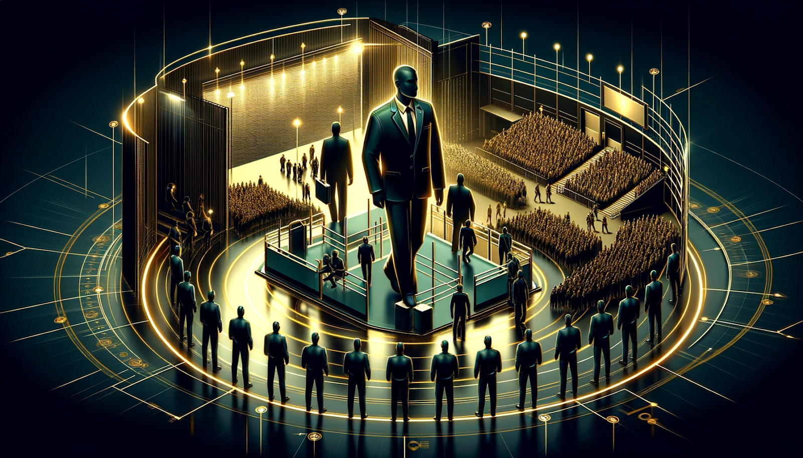 A photorealistic image showing trained event staff managing access points and overseeing crowd control in a secure event environment, representing security training for event staff with symbolic use of the colors black and gold